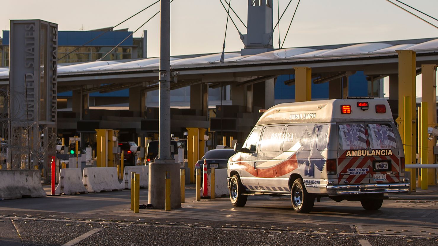 An ambulance crosses the San Ysidro sentry box border crossing on April 27, 2020 in Tijuana, Mexico.