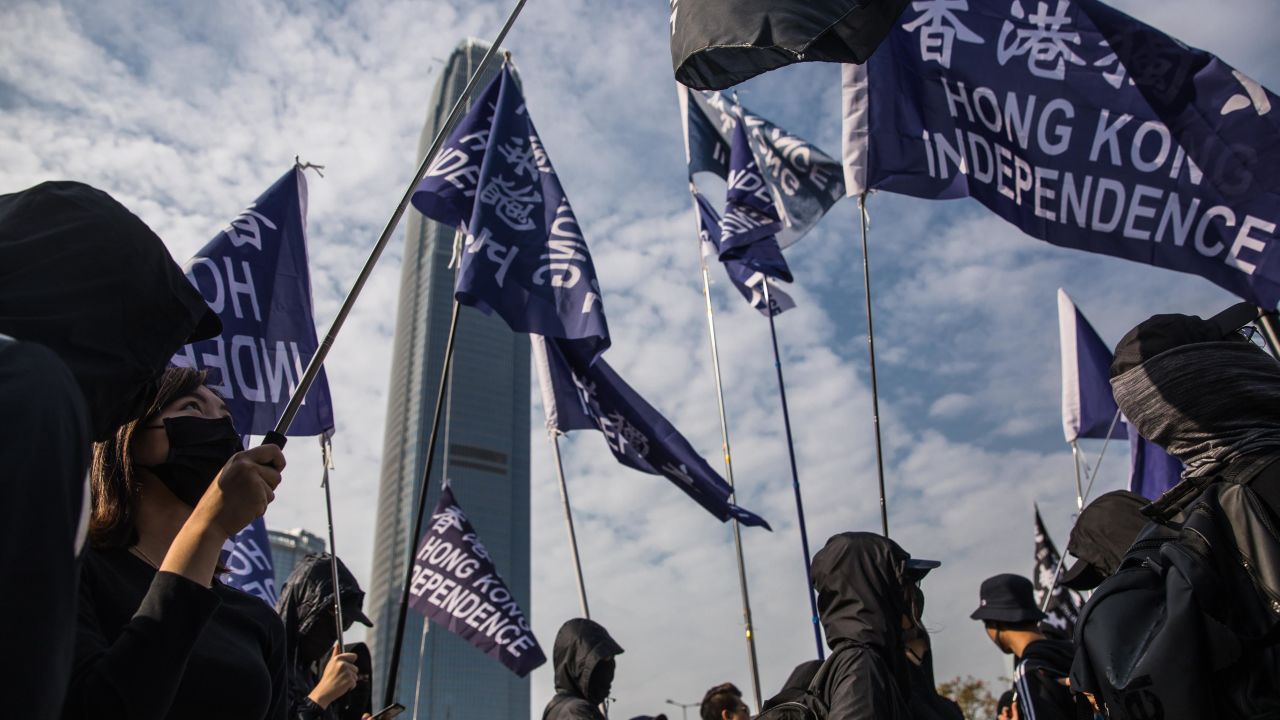 A group of Hong Kong independence supporters display flags during a pro-democracy rally at Edinburgh Place in the Central district of Hong Kong on January 12, 2020. - Hong Kong has been battered by protests for seven months, which from time to time fell into violent clashes between protesters and riot police. (Photo by DALE DE LA REY / AFP) (Photo by DALE DE LA REY/AFP via Getty Images)