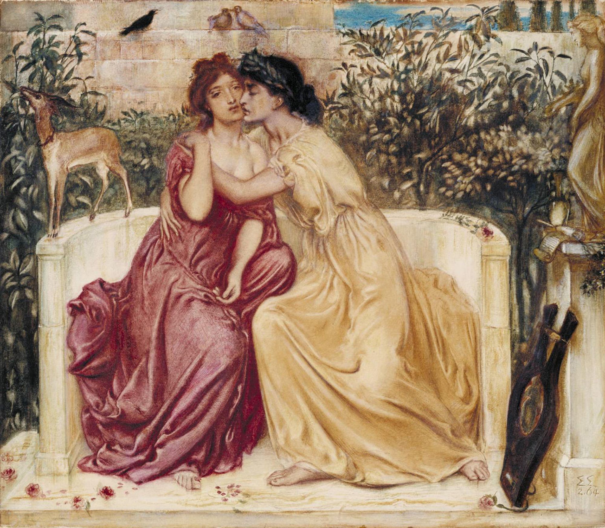 Two young women embracing, smiling, enjoying autumn beauty in