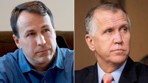Democratic Senate candidate Cal Cunningham of North Carolina, at left, is challenging incumbent Republican Sen. Thom Tillis, at right. 