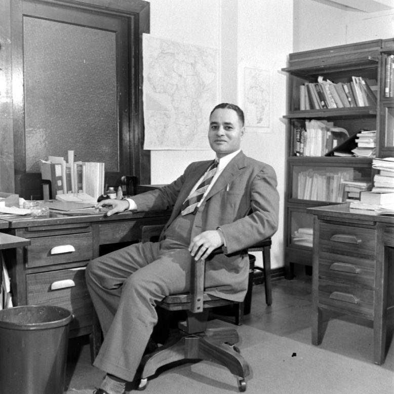 Ralph Bunche, seen here in his office in 1944, was the first African American to win the Nobel Peace Prize for his work as a United Nations mediator in the Palestine conflict.