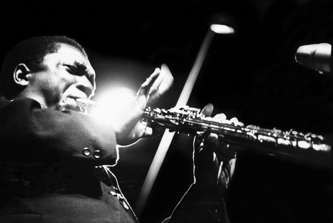 Jazz composer and saxophonist John Coltrane performs on stage at the Half Note club, New York, 1965. 