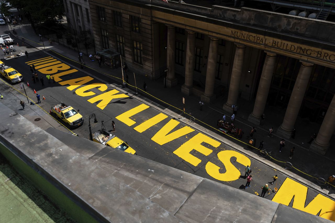 A bird's-eye view of a Black Lives Matter mural in Brooklyn, New York, on June 26.