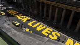 A bird's eye view of the Black Lives Matter mural in front of Brooklyn Borough Hall on June 26, 2020. 