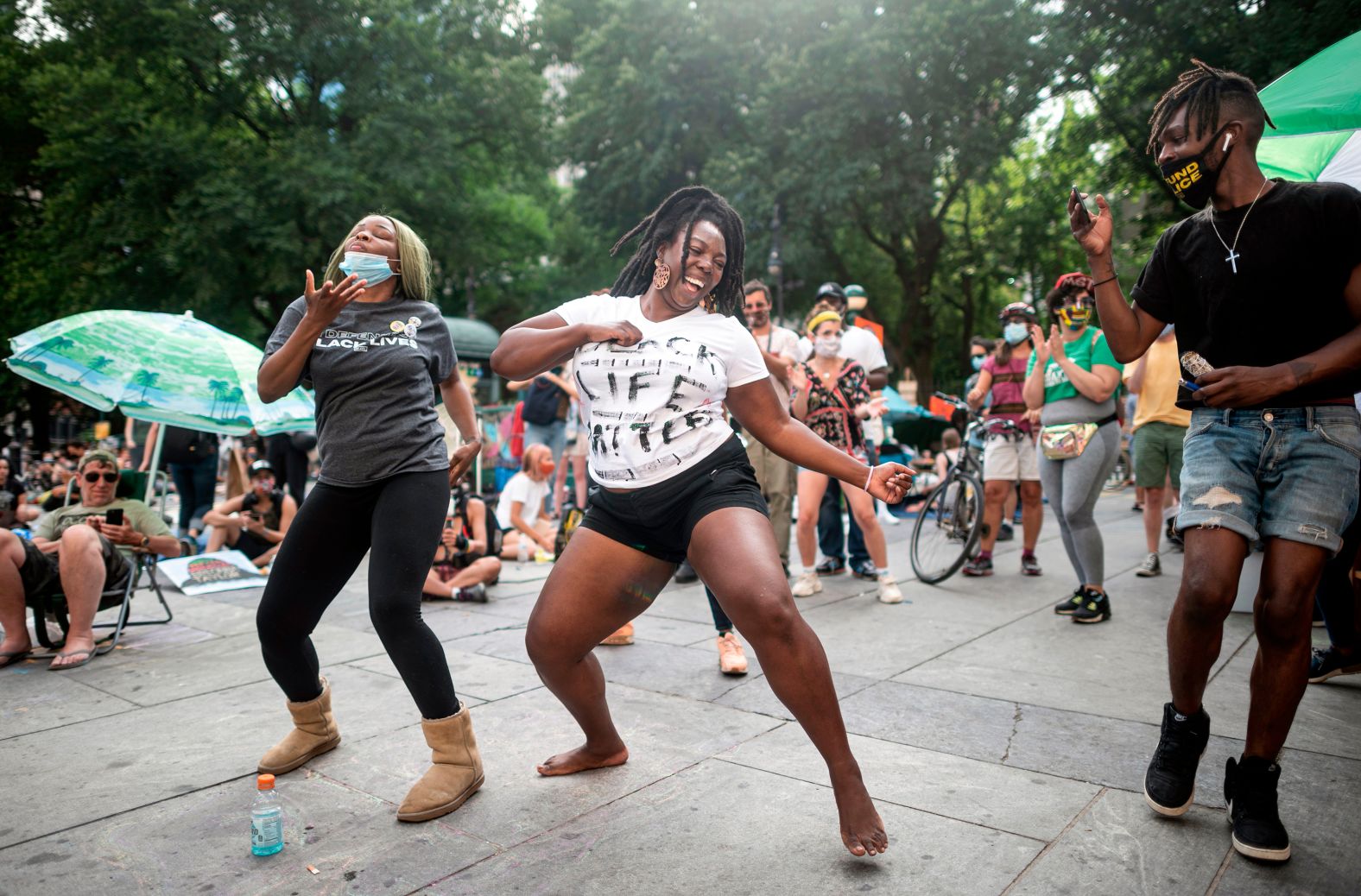 People dance in New York City during a protest to defund the police on June 26.