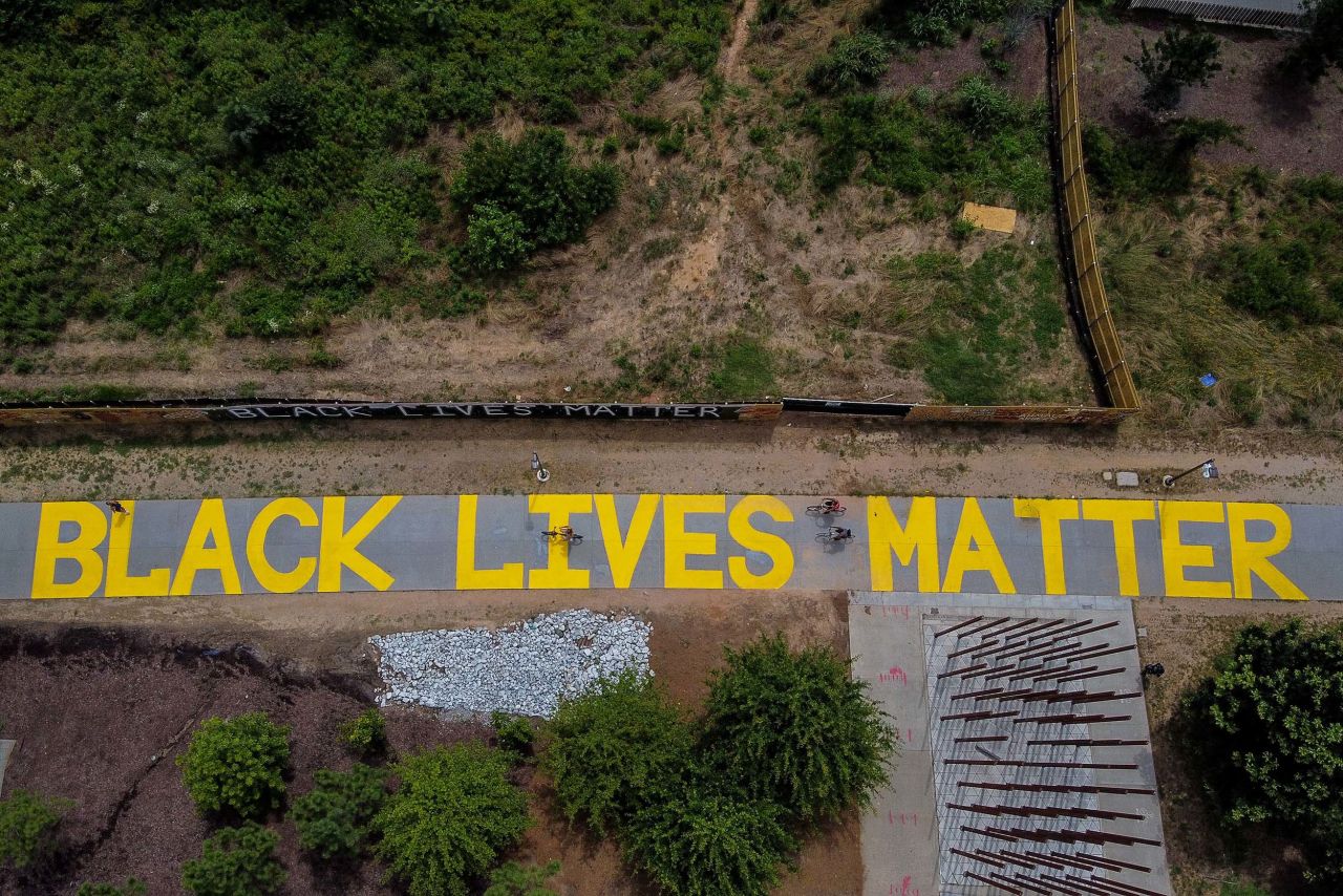 This aerial photo shows a Black Lives Matter mural in Atlanta on June 19.