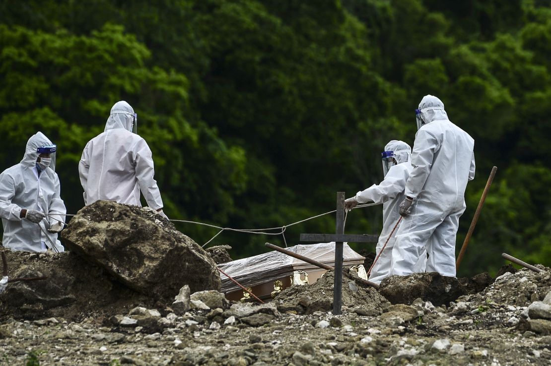 Men wearing protective equipment bury a coronavirus victim at a cemetery 14 km north of Honduras' capital, Tegucigalpa, on June 21, 2020.
