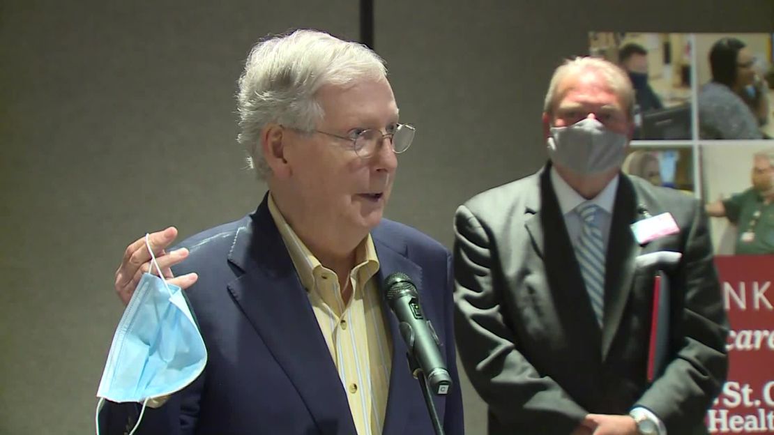 Senate Majority Leader Mitch McConnell wants Americans to wear masks in public until there is a prophylaxis for Covid-19. "Until we find a vaccine, these are really important," McConnell said Friday while holding up a blue mask, according to CNN affiliate WKYT. "This is not as complicated as a ventilator, and this is a way to indicate that you want to protect others."