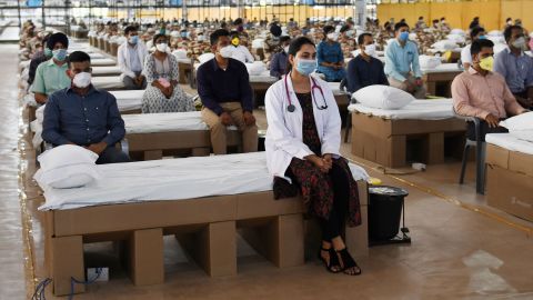 Medical professionals and health workers during the inauguration of Sardar Patel COVID Care Centre and Hospital in New Delhi, India, on June 27, 2020.
