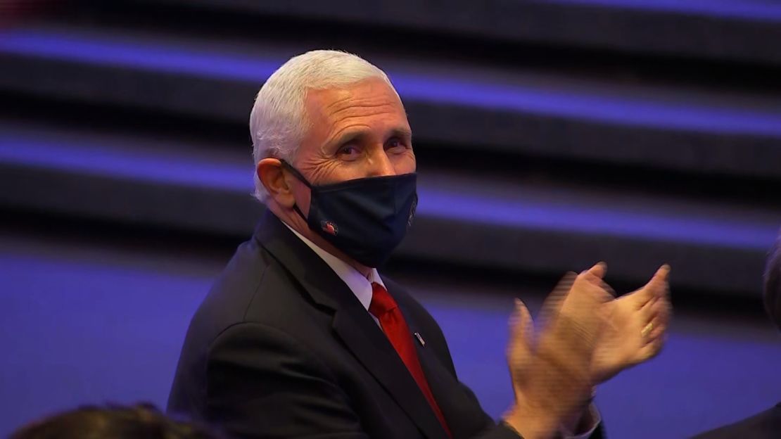Vice President Mike Pence wore a mask on Sunday to a robustly attended event at the First Baptist Church in Dallas, Texas, though he took it off for his speech.