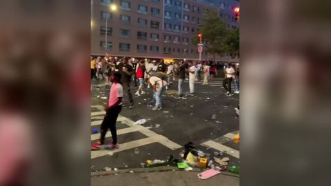 Harlem residents throw glass bottles and other debris at New York City Police Department vehicles on June 28, 2020.