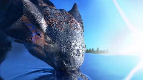 A large armored dinosaur species, Ankylosaurus magniventris, drinks from a watering hole while an asteroid crashes on the Yucatán peninsula in Mexico 66 million years ago. 