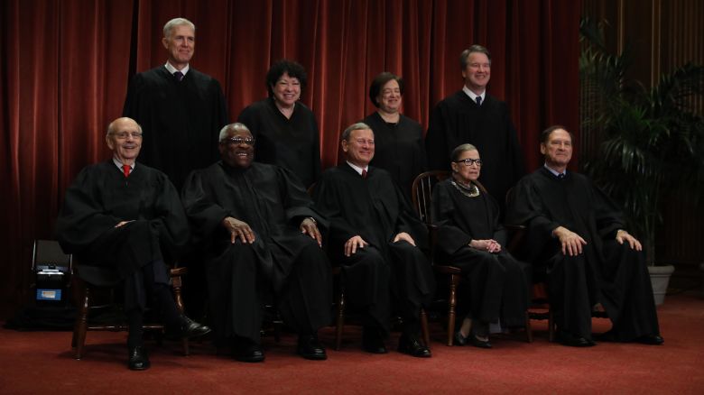 United States Supreme Court (Front L-R) Associate Justice Stephen Breyer, Associate Justice Clarence Thomas, Chief Justice John Roberts, Associate Justice Ruth Bader Ginsburg, Associate Justice Samuel Alito, Jr., (Back L-R) Associate Justice Neil Gorsuch, Associate Justice Sonia Sotomayor, Associate Justice Elena Kagan and Associate Justice Brett Kavanaugh pose for their official portrait at the in the East Conference Room at the Supreme Court building November 30, 2018, in Washington, DC. 