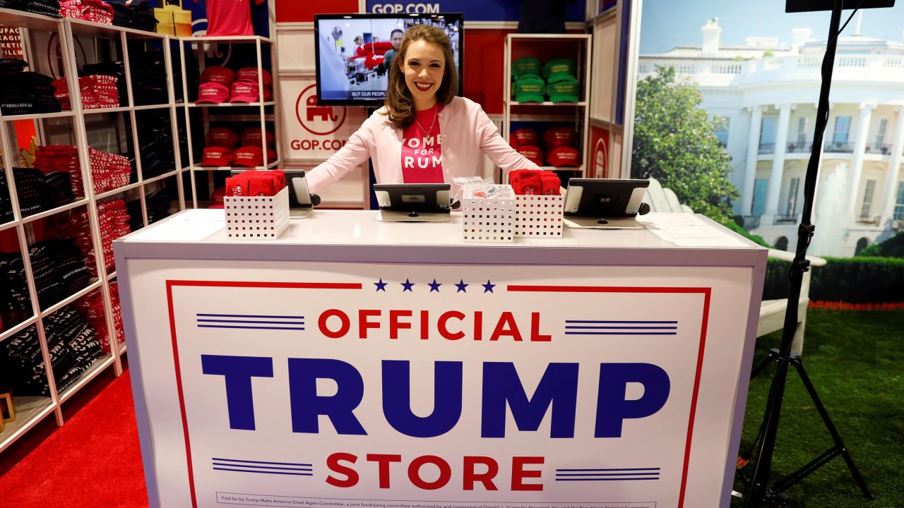 Merritt Corrigan tends the Official Trump Store at the Conservative Political Action Conference (CPAC) at National Harbor, Maryland, February 22, 2018.