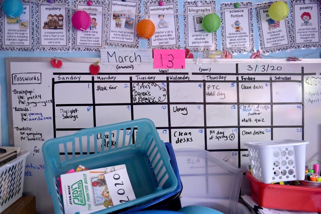 A calendar in a Nnew York City classroom shows the date that the last class was in session -- Friday March 13.