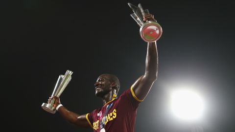 Sammy celebrates winning the ICC World Twenty20 tournament after beating England in the final.