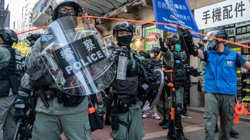 HONG KONG, CHINA - JUNE 28: Riot police setup cordon during a protest against the national security law on June 28, 2020 in Hong Kong, China. (Photo by Anthony Kwan/Getty Images)