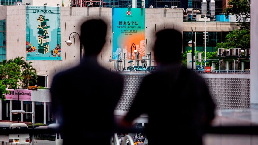 A government advertisement (C) promoting Chinas planned national security law is displayed on the city hall building in Hong Kong on June 29, 2020. (Photo by ISAAC LAWRENCE / AFP) (Photo by ISAAC LAWRENCE/AFP via Getty Images)