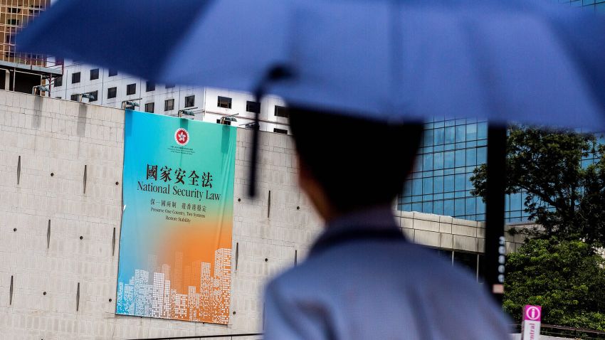 A government advertisement promoting Chinas planned national security law is displayed on the city hall building in Hong Kong on June 29, 2020. (Photo by ISAAC LAWRENCE / AFP) (Photo by ISAAC LAWRENCE/AFP via Getty Images)