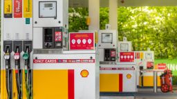 General view of fuel pump stands at the Royal Dutch Shell gas station in Brussels, Belgium 30 April 2020. Following the collapse in global oil demand due to the coronavirus pandemic,  Shell slashed its dividend for the first time since 1945, chief executive Ben van Beurden said in a statement on Thursday. Oil companies have clung on to dividend payouts as demand plummets with government lockdowns.