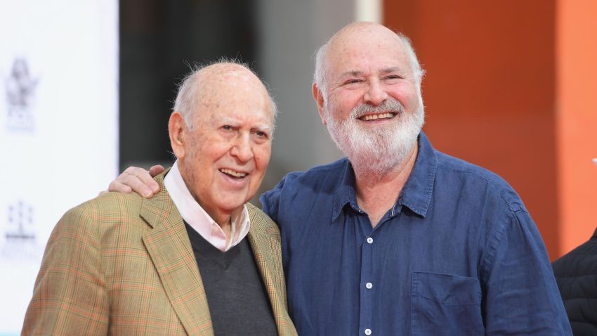LOS ANGELES, CA - APRIL 07:  Honorees Carl Reiner (L) and Rob Reiner speak onstage during the Carl and Rob Reiner Hand and Footprint Ceremony during the 2017 TCM Classic Film Festival on April 7, 2017 in Los Angeles, California. 26657_006  (Photo by Matt Winkelmeyer/Getty Images for TCM)