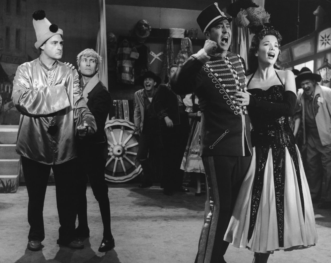 From left, Caesar, Morris, Reiner and Fabray perform a spoof opera scene in 1956.