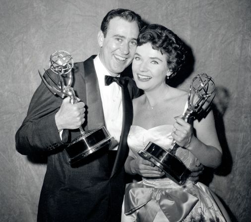 Reiner and Polly Bergen pose with their statuettes at the 1958 Emmy Awards in New York. Reiner won the Emmy for best continuing supporting performance by an actor in drama or comedy for "Caesar's Hour."