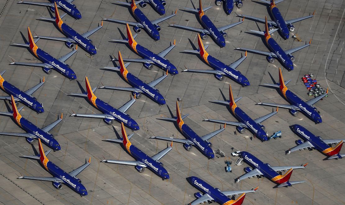 Southwest Airlines 737 MAX aircraft parked in California in March 2019.