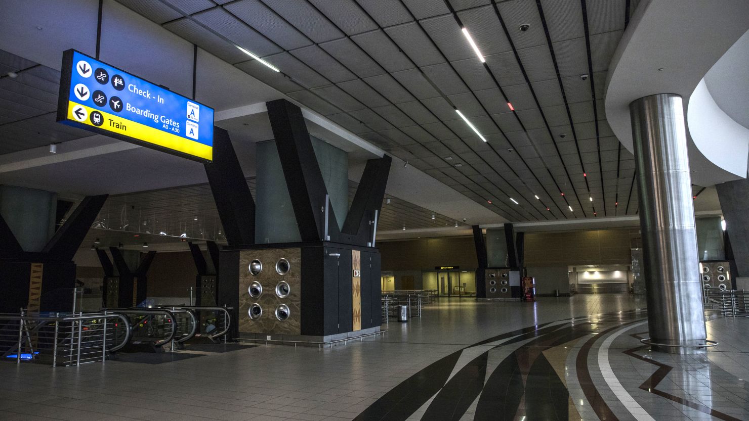 An empty airline hall in Johannesburg's O.R. Tambo International Airport, February 28, 2020.