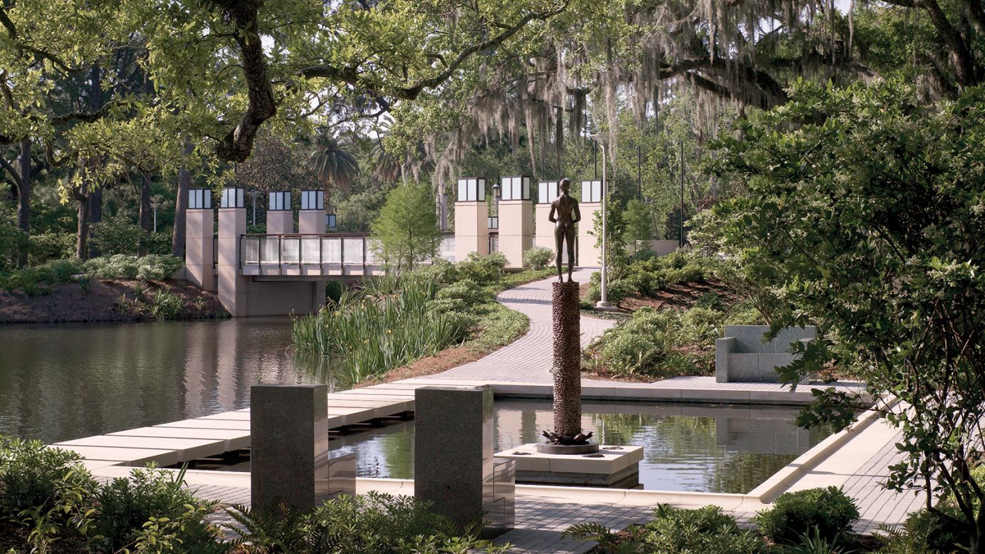 <strong>New Orleans Museum of Art Sculpture Garden:</strong> Sculptures, such as Scott Burton's "Pair of Right Angle Chairs and Settee" (1983) and Robert Graham's "Source Figure" (1991) overlook the Cascade Pool. <br />
