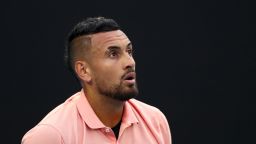 MELBOURNE, AUSTRALIA - JANUARY 27: Nick Kyrgios of Australia looks to the sky during his Men's Singles fourth round match against Rafael Nadal of Spain on day eight of the 2020 Australian Open at Melbourne Park on January 27, 2020 in Melbourne, Australia. (Photo by Kelly Defina/Getty Images)