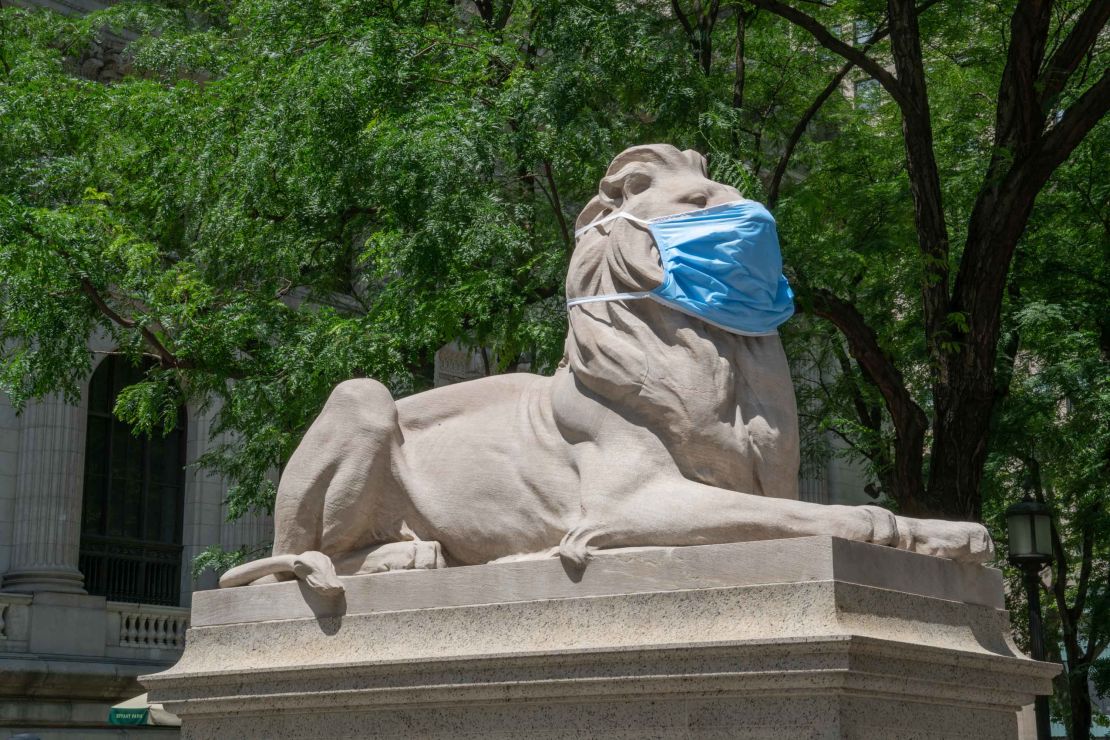 Patience and Fortitude, the twin lion sculptures that guard the New York Public Library in Bryant Park, now wear lion-sized face masks to encourage New Yorkers to keep wearing their masks, too. 