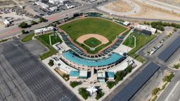 A general view of The Hangar also known as Lancaster Municipal Stadium, Tuesday, June 16, 2020, in Lancaster, Calif. amid the global coronavirus COVID-19 pandemic. The stadium, built in 1996 and located off the State Route 14, is the home of the Lancaster JetHawks of the California League, the Class A-Advanced minor league baseball affiliate of the Colorado Rockies. (Kirby Lee via AP)
