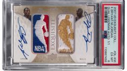 The card features the logo patch worn by Michael Jordan during the 1996-97 season, in which he won his penultimate NBA Championship.