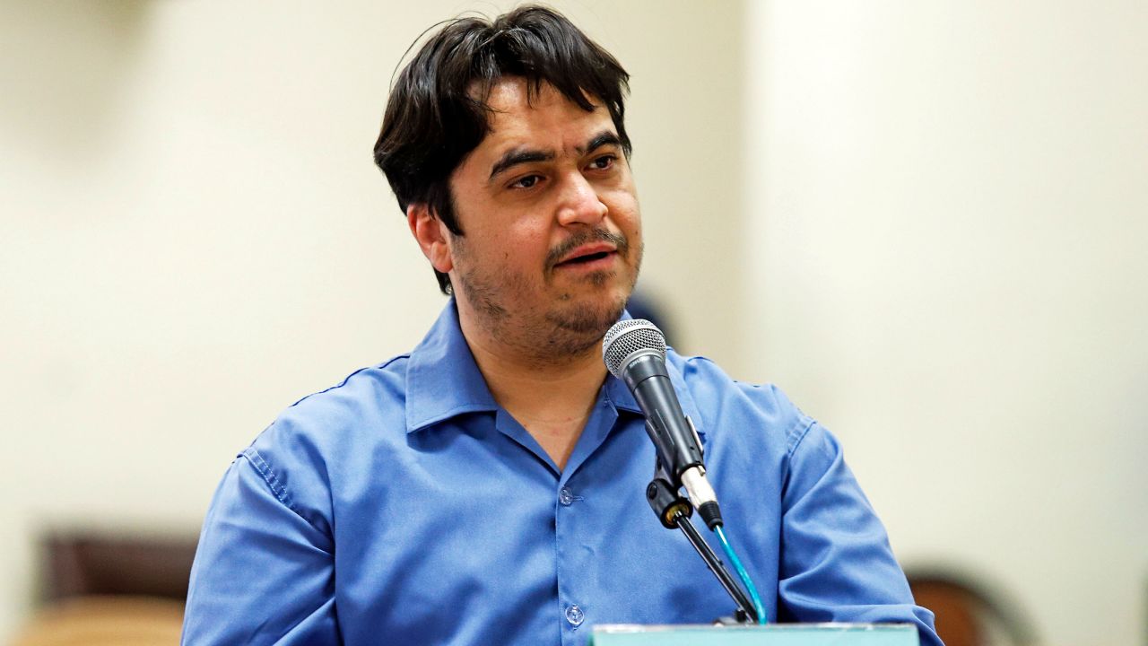 Journalist Ruhollah Zam speaks during his trial at the Revolutionary Court, in Tehran on June 2, 2020. 