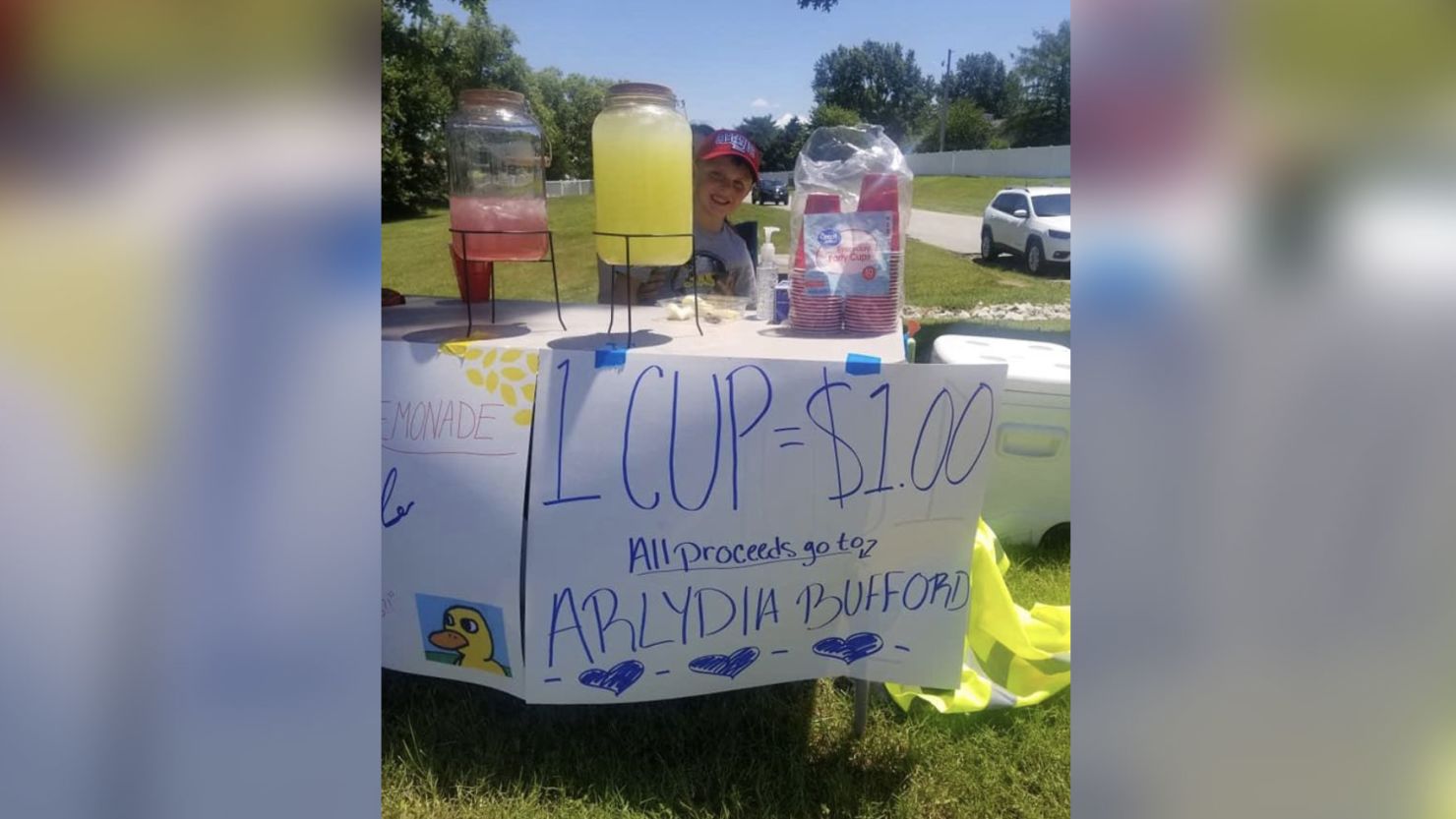 Five-year-old Cooper Wallweber set up his lemonade stand at an elementary school near St. Louis.