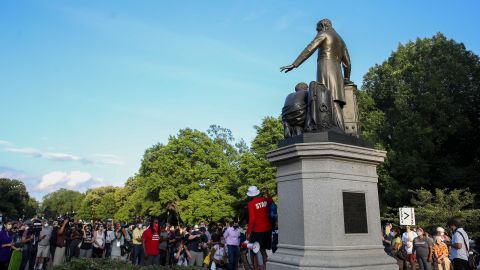 Protesters gather at Lincoln Park to demand the Emancipation Memorial be taken down on June 23, 2020 in Washington, DC.  