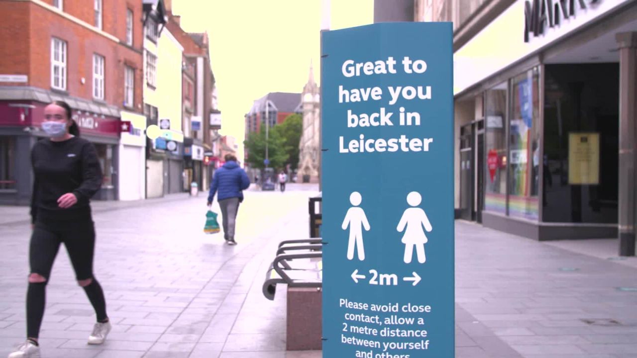 Signs explaining social distancing on display during the second lockdown in the English city of Leicester.