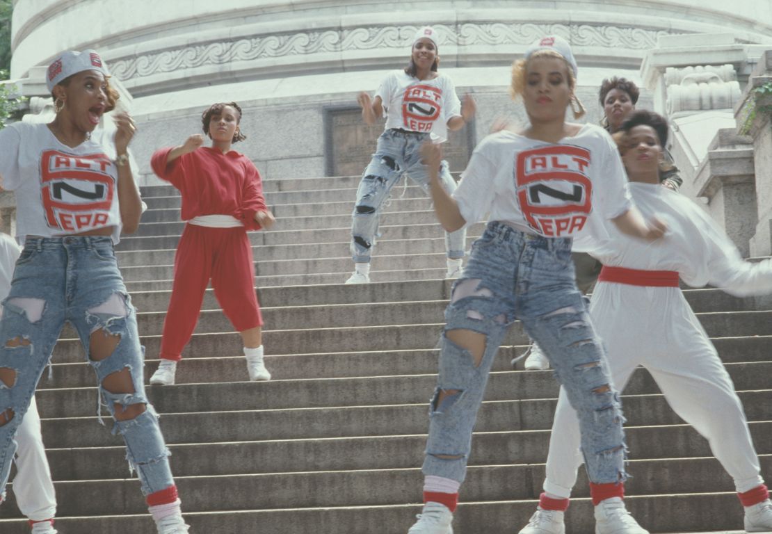 Salt-N-Pepa and friends dancing during the video shoot for their single, "Shake Your Thang" in New York City, 1988. 