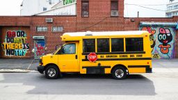 Graffiti arts and a school bus are seen in Queens Borough of New York City, United States on April 5, 2020. (Photo by Tayfun Coskun/Anadolu Agency via Getty Images)