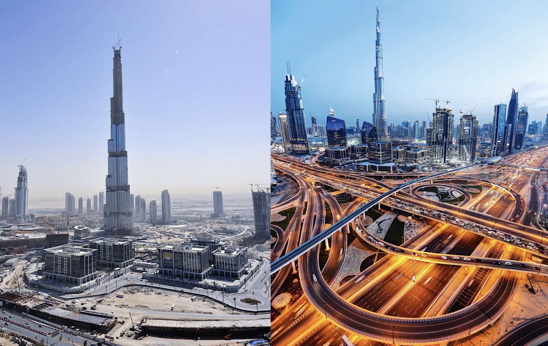 On the left is the photograph Jolie shot of the Burj Khalifa, from her first rooftop. The photo on the right is from the same location, 10 years later. 