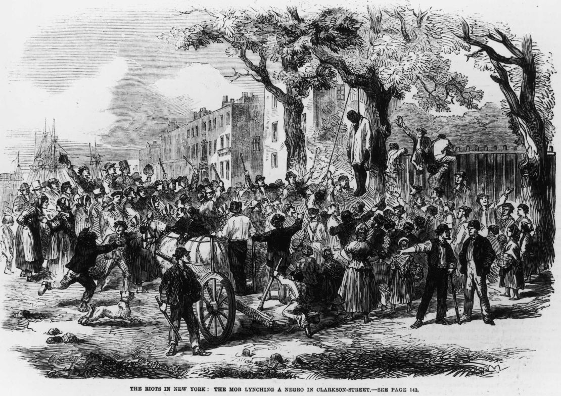 This illustration depicts a mob lynching a Black person during riots in New York around 1863.