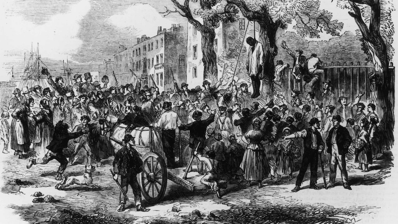 Illustration depicting 'The riots in New York: The mob lynching a negro in Clarkson Street.' during the draft riots. New York City, New York, USA, circa 1863. (Photo by Fotosearch/Getty Images).