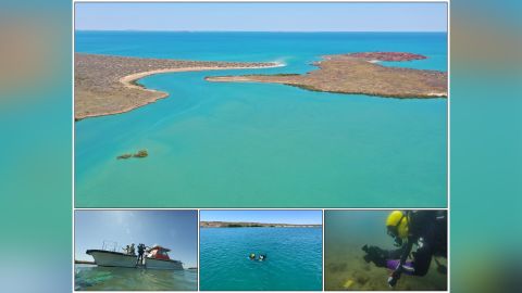 Aerial view of Cape Bruguieres Channel at high tide (Photo: J. Leach); (below) divers record artefacts in the channel. The first underwater Aboriginal archaeological sites have been discovered off Australia dating back thousands of years ago