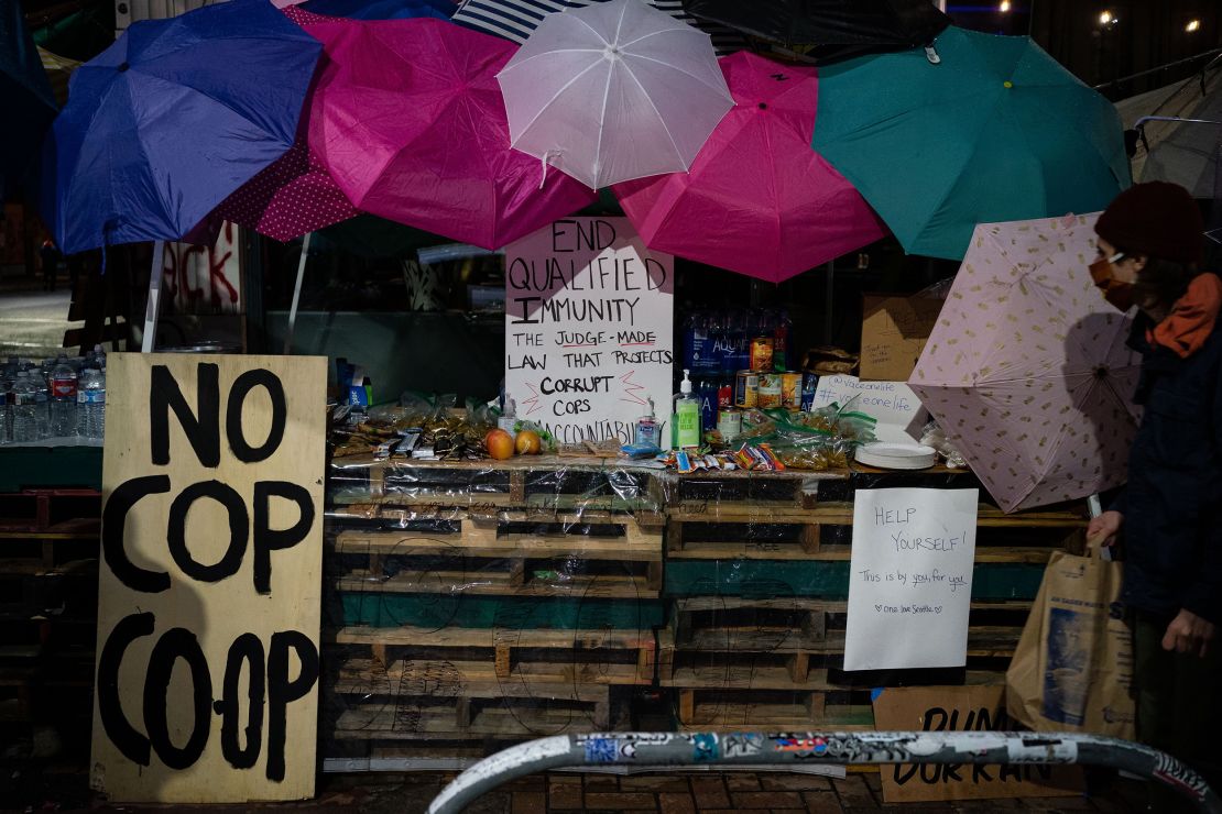 A pop-up shop with free snacks, water and other items is seen June 9 near the Seattle Police Department's East Precinct.