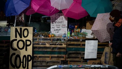 A pop-up shop with free snacks, water and other items is seen June 9 near the Seattle Police Department's East Precinct.