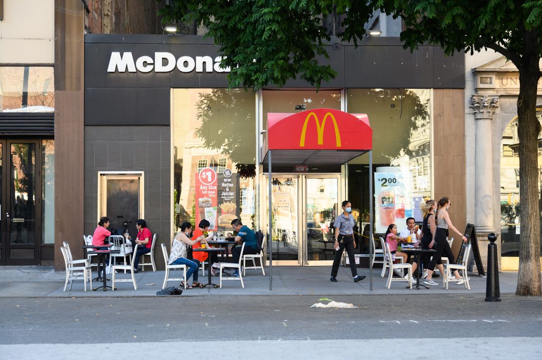 Customers dine outside McDonald's in Union Square as New York City on June 24, 2020. 