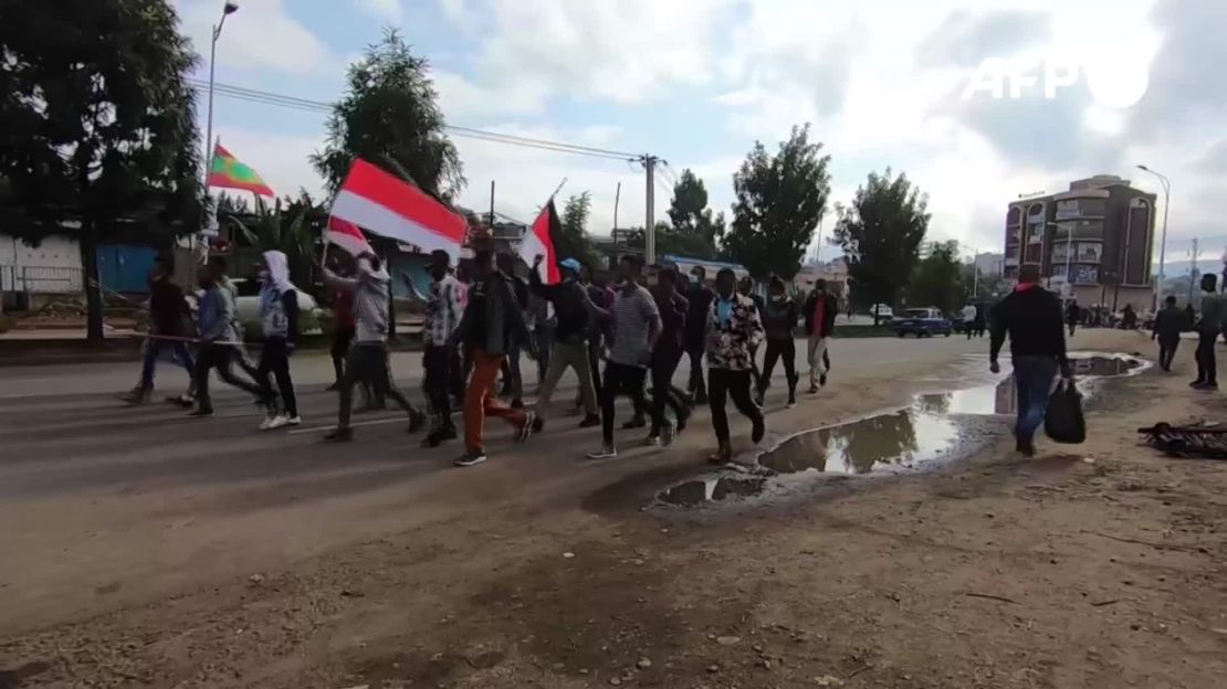 A grab made from video shows protesters marching on July 1 in Addis Ababa.