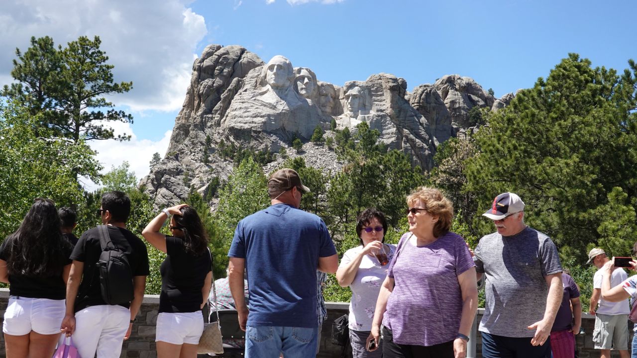 KEYSTONE, SOUTH DAKOTA - JULY 01: Tourists visit Mount Rushmore National Monument on July 01, 2020 in Keystone, South Dakota. President Donald Trump is expected to visit the monument and  make remarks before the start of a fireworks display on July 3. (Photo by Scott Olson/Getty Images)