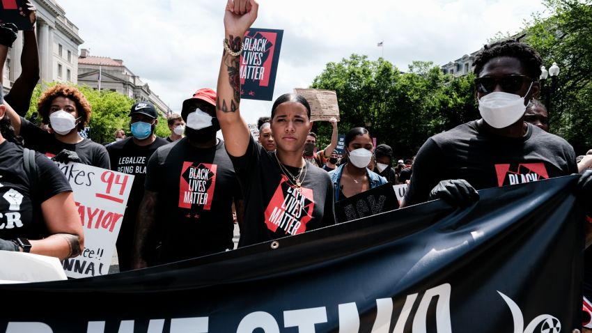 WASHINGTON, DC - JUNE 19: Natasha Cloud marches to the MLK Memorial to support Black Lives Matter and to mark the liberation of slavery on June 19, 2020 in Washington, DC. Juneteenth commemorates June 19, 1865, when a Union general read orders in Galveston, Texas stating all enslaved people in Texas were free according to federal law. (Photo by Michael A. McCoy/Getty Images)